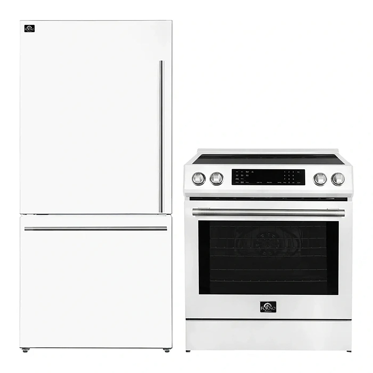 Forno 2-Piece White Kitchen Bundle - 30" Induction Range and 31" Bottom Freezer Refrigerator