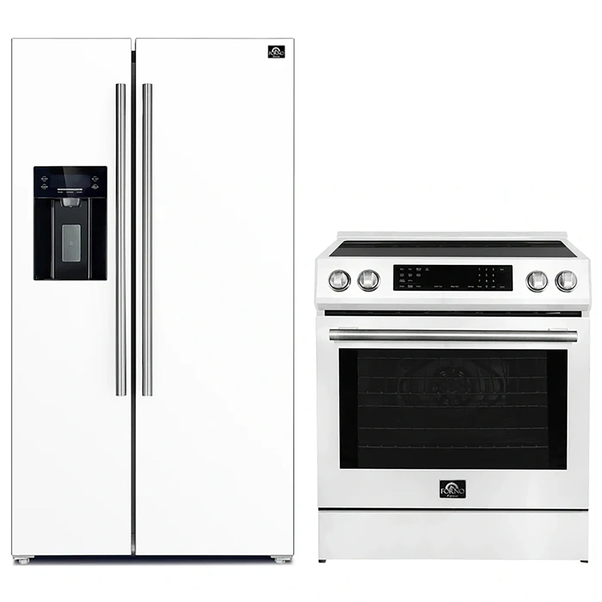 Forno 2-Piece White Kitchen Bundle - 30" Induction Range and 36" Bottom Freezer Refrigerator