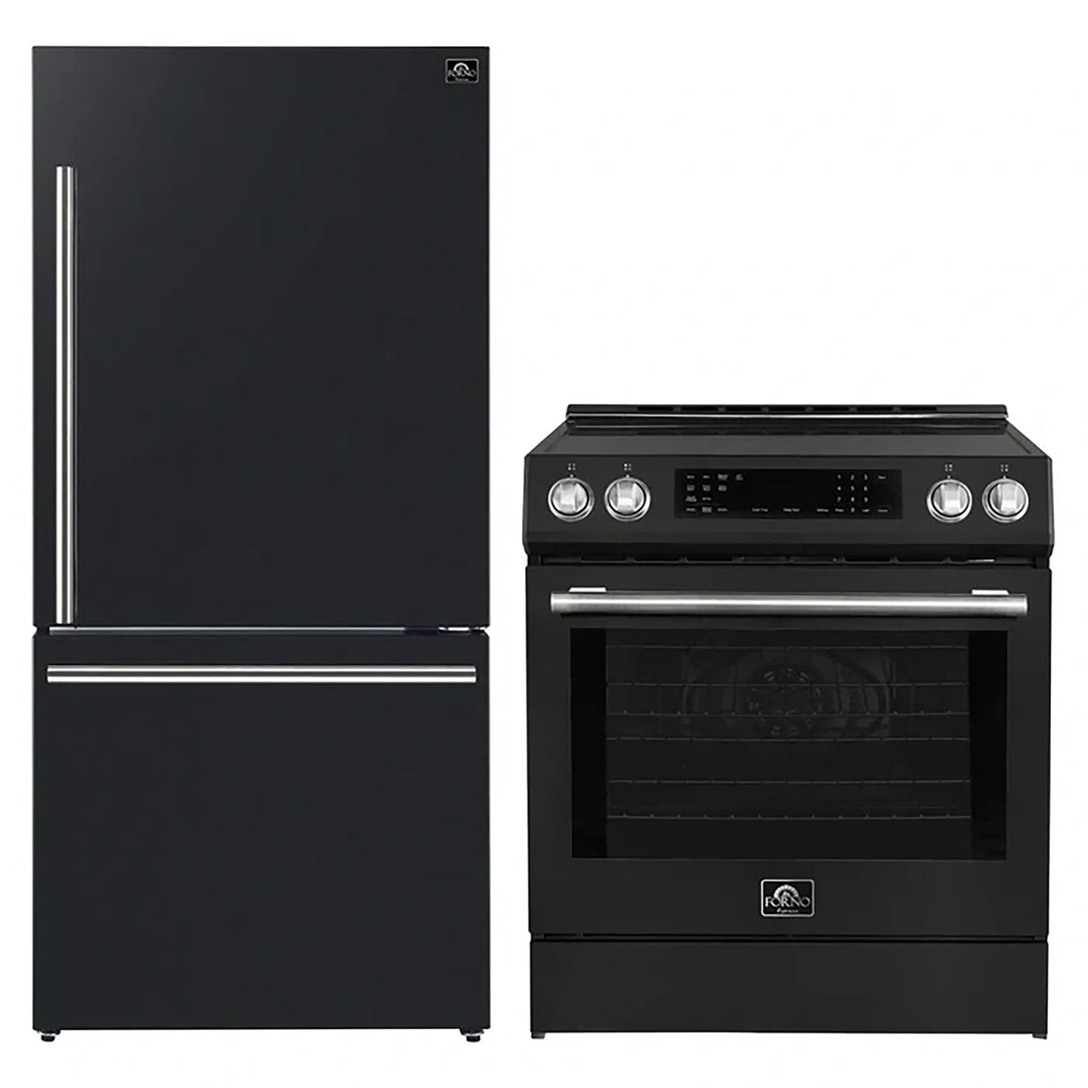Forno 2-Piece Black Kitchen Bundle - 30" Induction Range and 31" Bottom Freezer Refrigerator