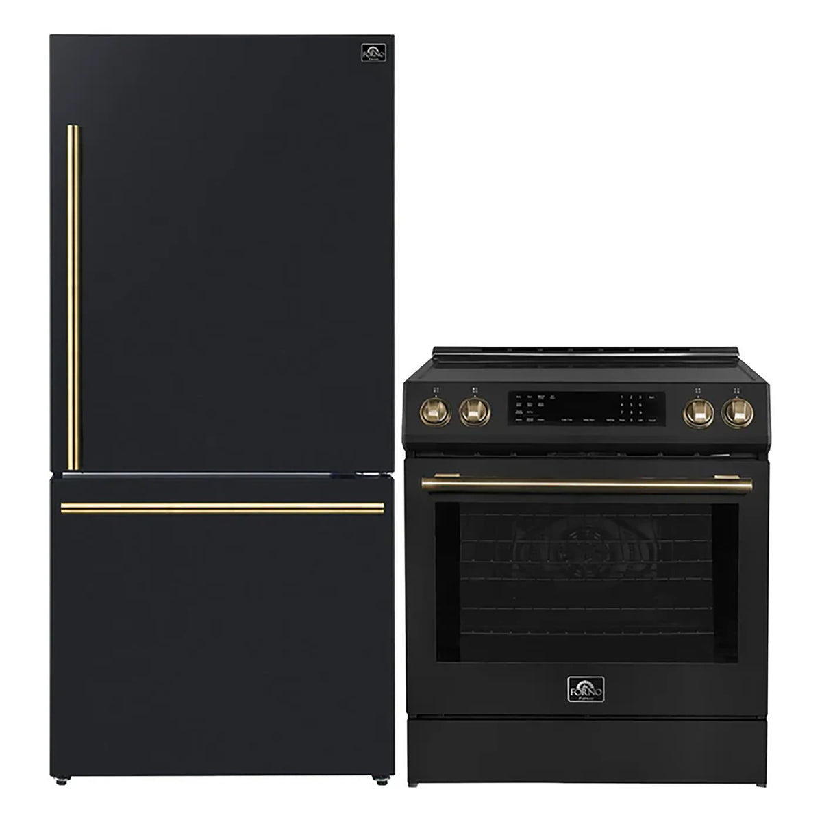 Forno 2-Piece Black Kitchen Bundle - 30" Induction Range and 31" Bottom Freezer Refrigerator