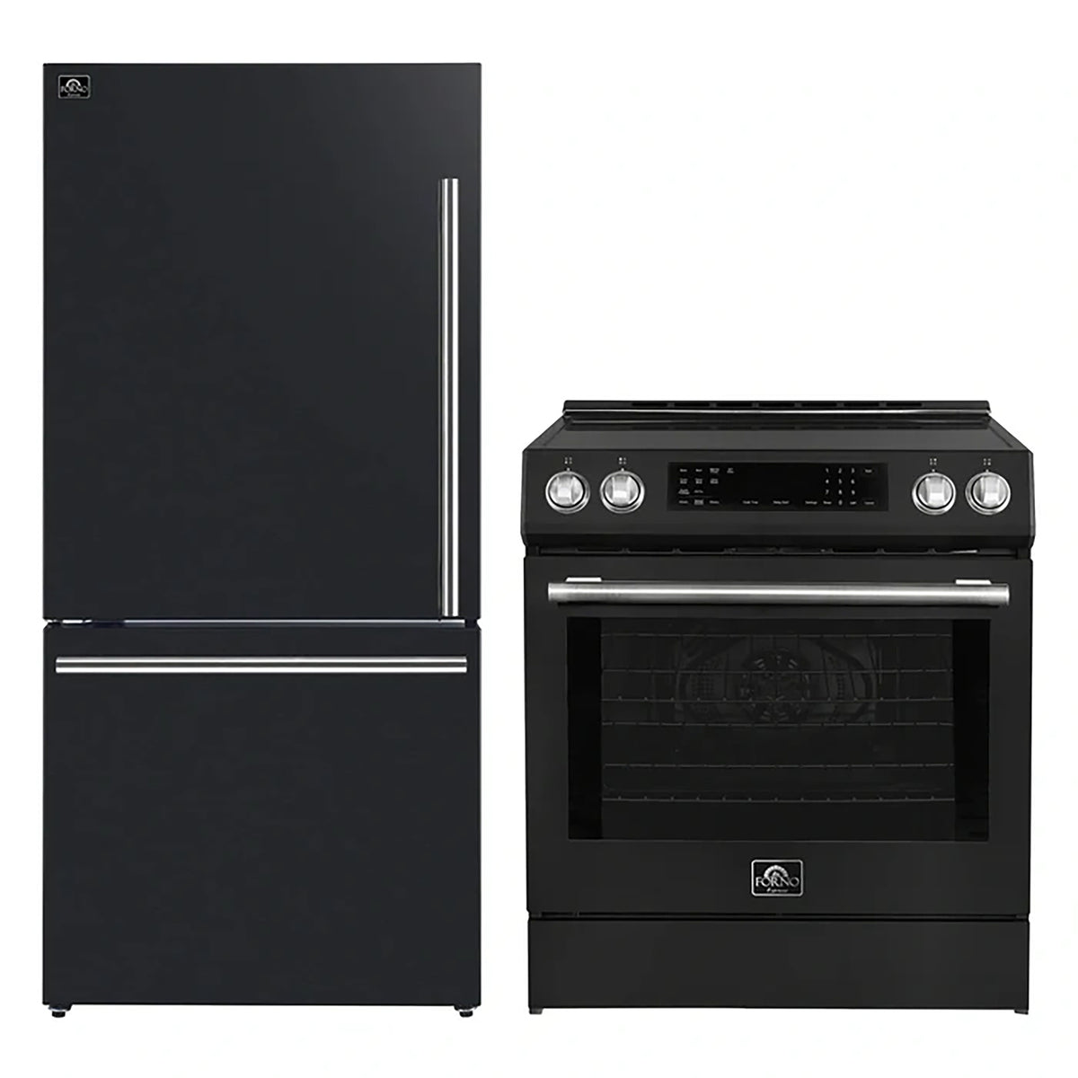 Forno 2-Piece Black Kitchen Bundle - 30" Induction Range and 31" Bottom Freezer Refrigerator