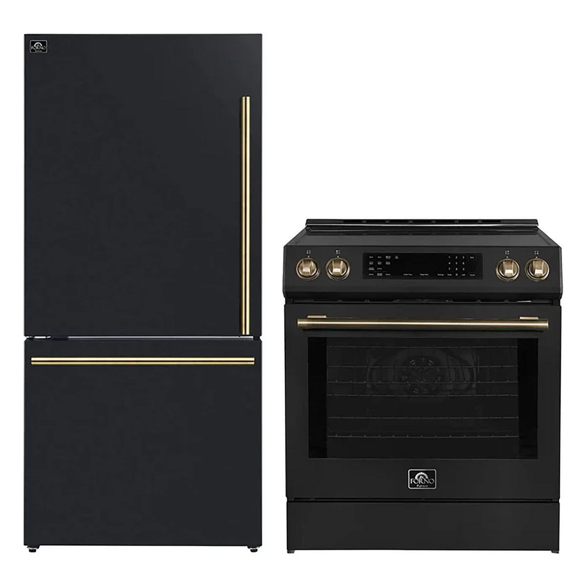 Forno 2-Piece Black Kitchen Bundle - 30" Induction Range and 31" Bottom Freezer Refrigerator
