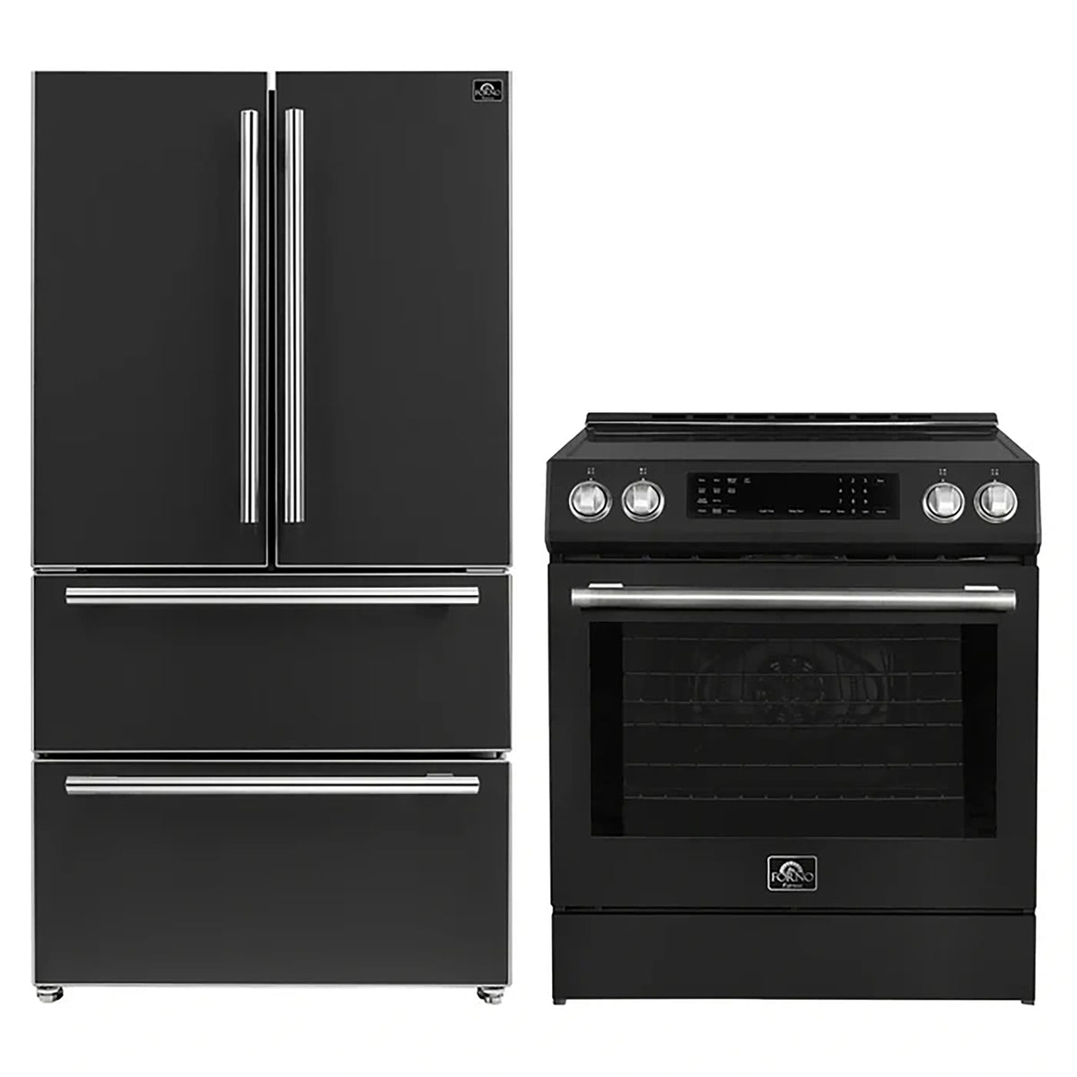 Forno 2-Piece Black Kitchen Bundle - 30" Induction Range and 36" Bottom Freezer Refrigerator