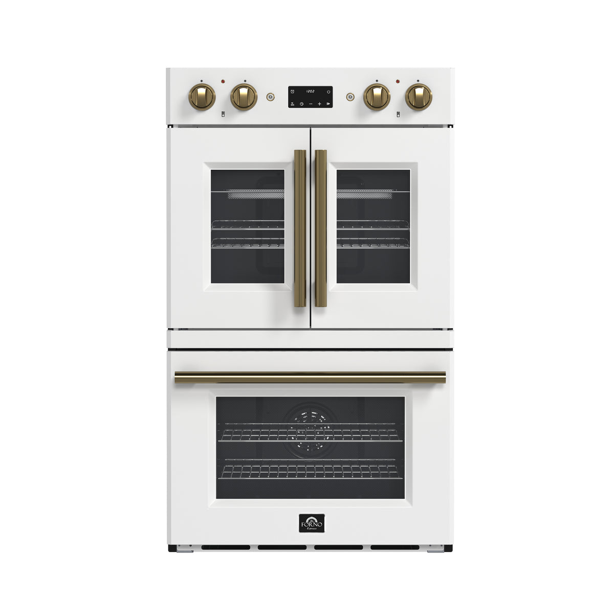 Forno Asti 30" Double Electric Wall Oven with Upper French Doors in White & Antique Brass