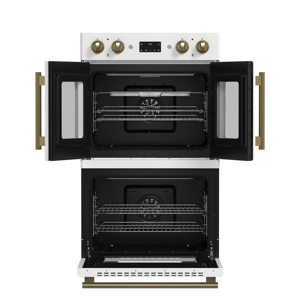 Forno Asti 30" Double Electric Wall Oven with Upper French Doors in White & Antique Brass