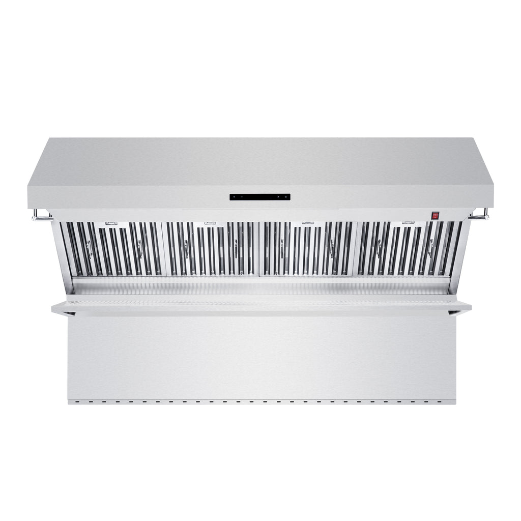 Forno Savona 60" Wall Mount Range Hood offers 1200 CFM ventilation and integrated warming shelf. Baffle filters and backsplash included for