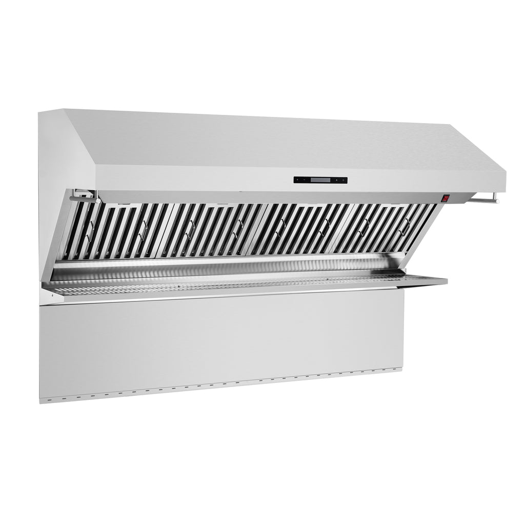 Forno Savona 60" Wall Mount Range Hood offers 1200 CFM ventilation and integrated warming shelf. Baffle filters and backsplash included for