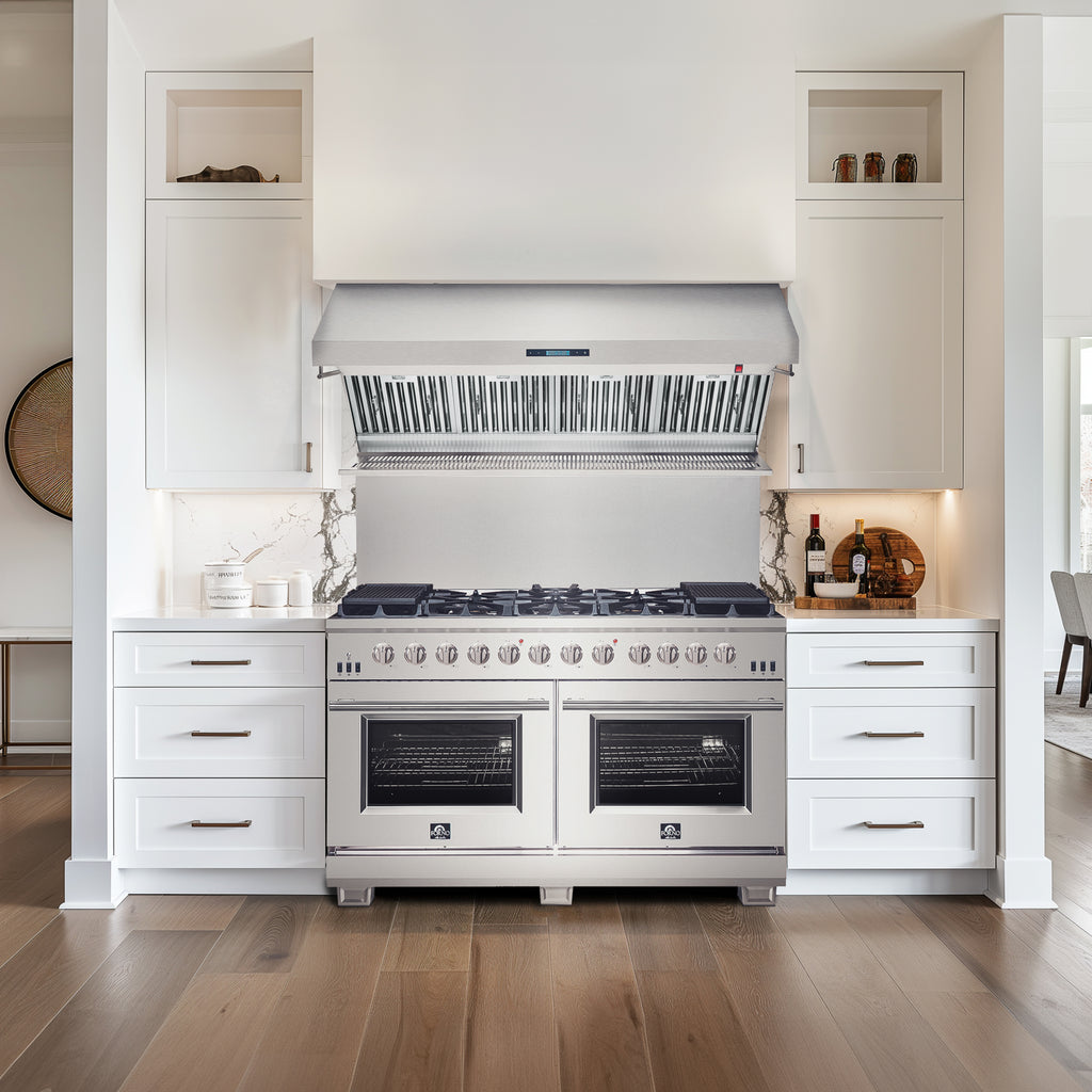 Forno Savona 60" Wall Mount Range Hood offers 1200 CFM ventilation and integrated warming shelf. Baffle filters and backsplash included for