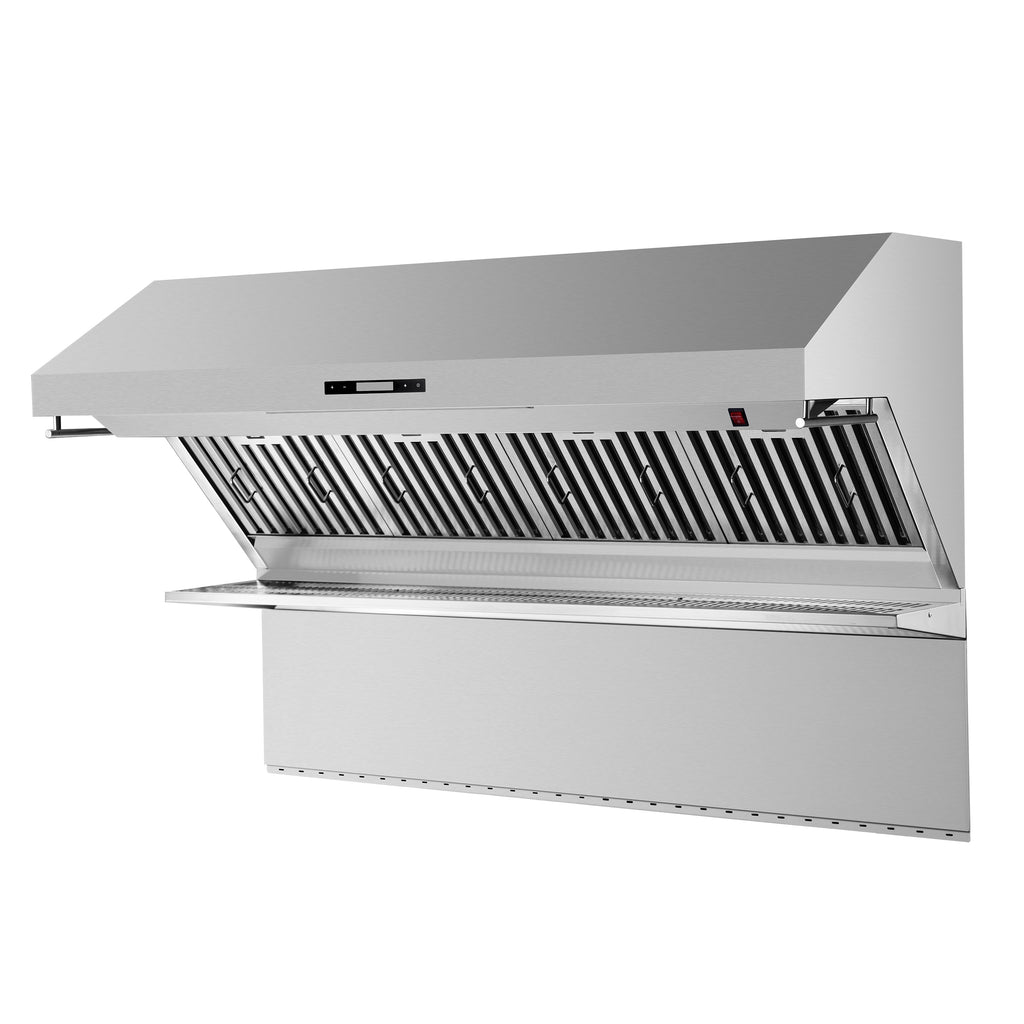Forno Savona 60" Wall Mount Range Hood offers 1200 CFM ventilation and integrated warming shelf. Baffle filters and backsplash included for