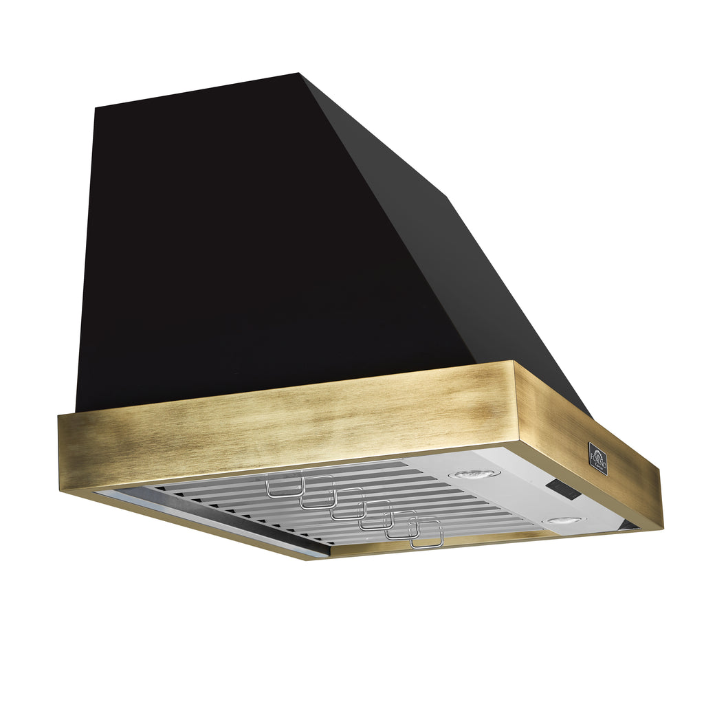 Forno Vittorio 36" Wall Mount Range Hood in Black & Antique Brass Trim