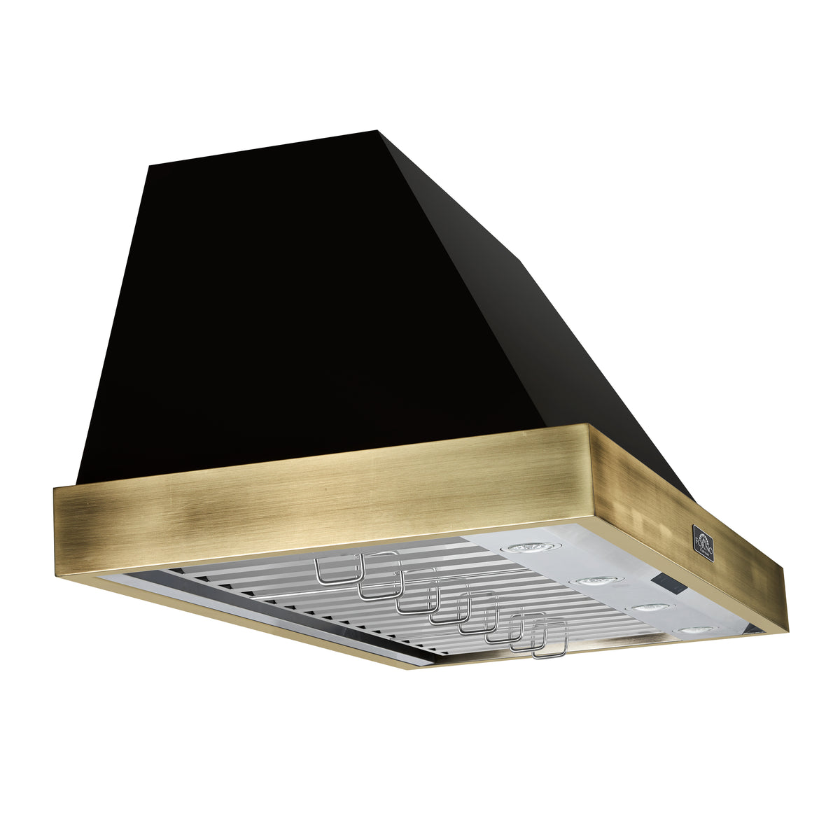 Forno Vittorio 48" Wall Mount Range Hood in Black & Antique Brass Trim