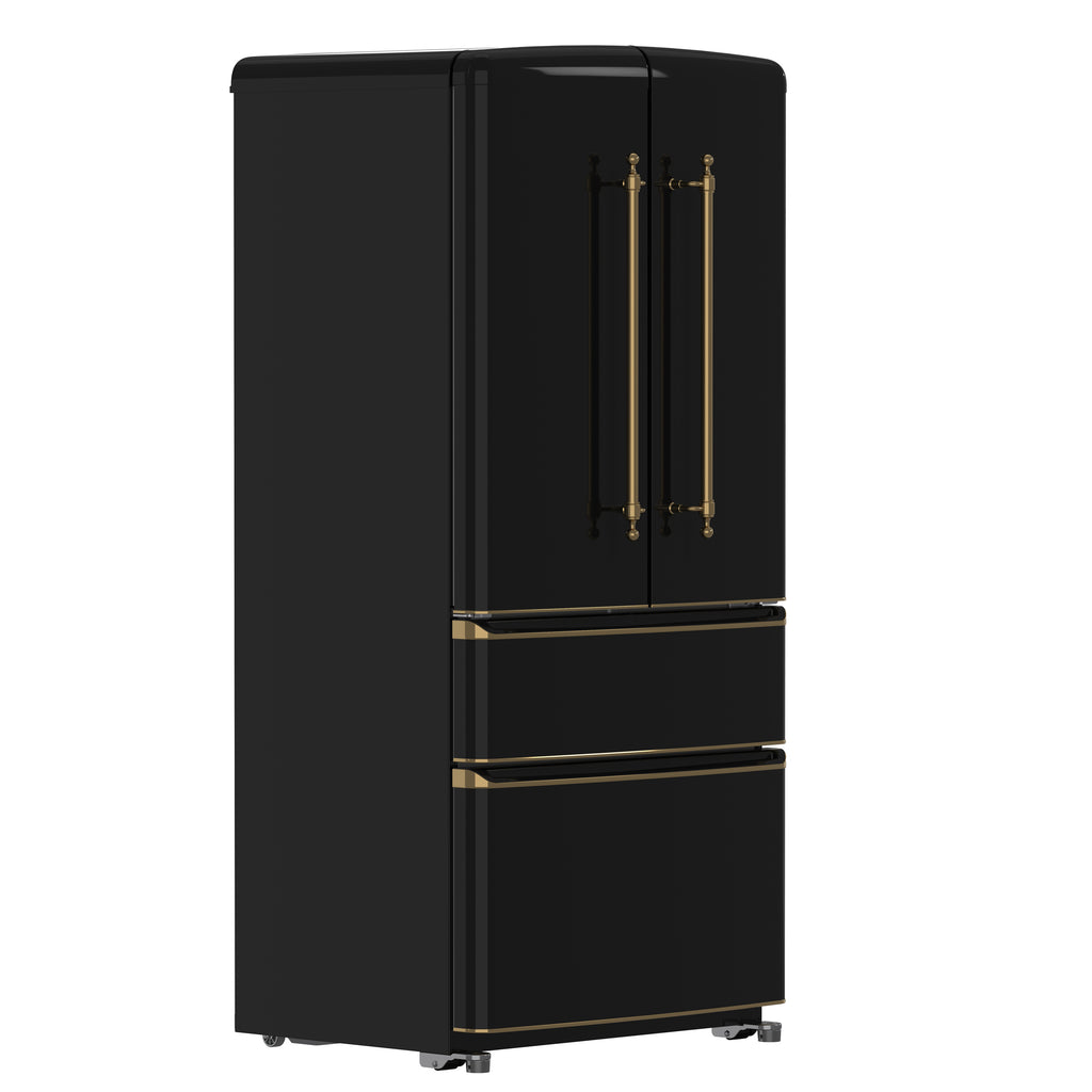 Forno Luigi 18 cu.ft. French Door Refrigerator Black, Antique Brass Handles