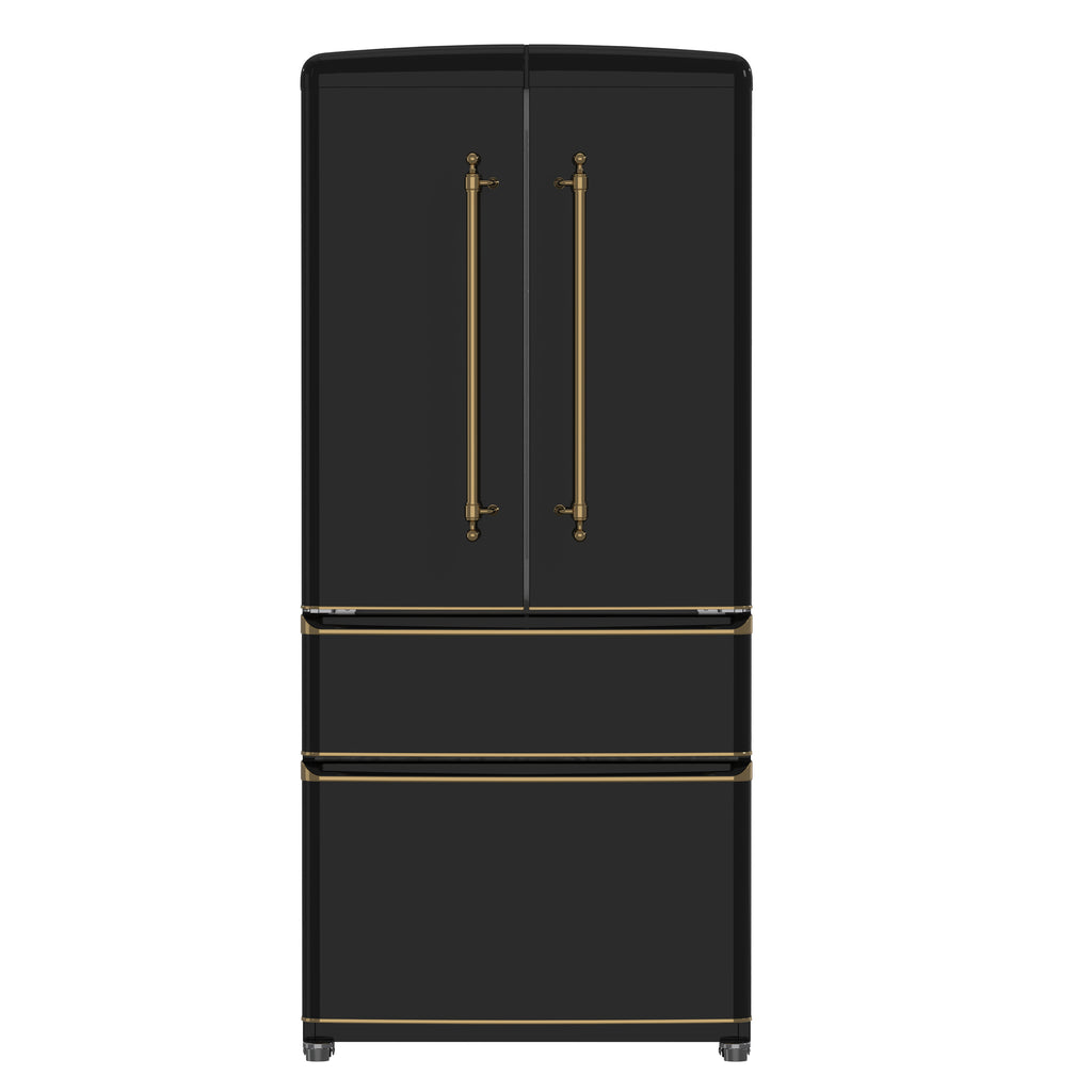 Forno Luigi 18 cu.ft. French Door Refrigerator Black, Antique Brass Handles