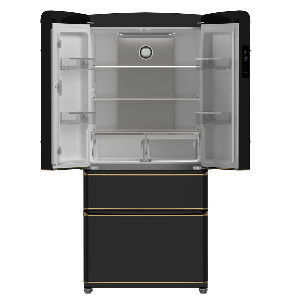 Forno Luigi 18 cu.ft. French Door Refrigerator Black, Antique Brass Handles
