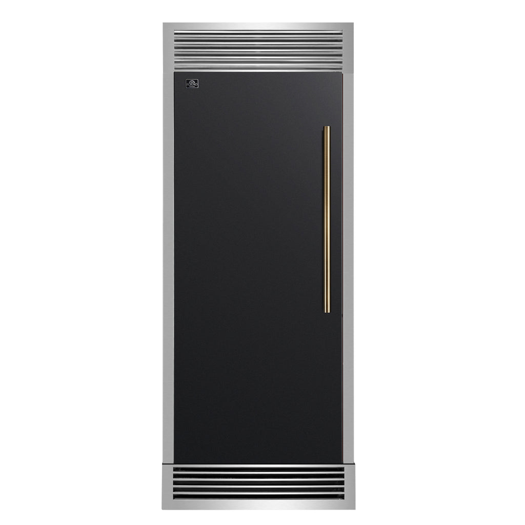 Forno Maderno 28" Built-In Convertible Refrigerator in Black with Decorative Trim Grill, Antique Brass Handles
