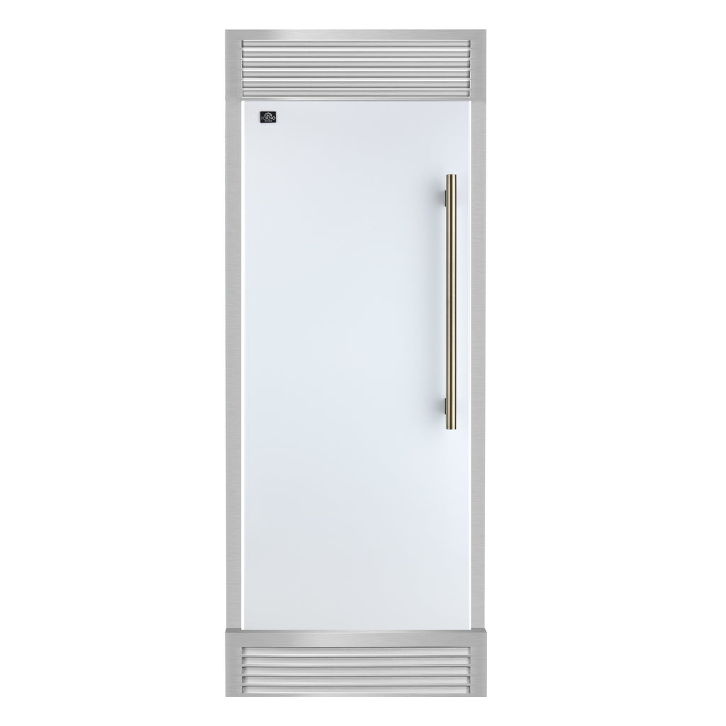 Forno Maderno 28" Built-In Convertible Refrigerator in White with Decorative Trim Grill, Antique Brass Handles