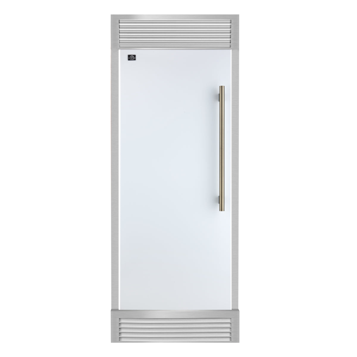 Forno Maderno 28" Built-In Convertible Refrigerator in White with Decorative Trim Grill, Antique Brass Handles