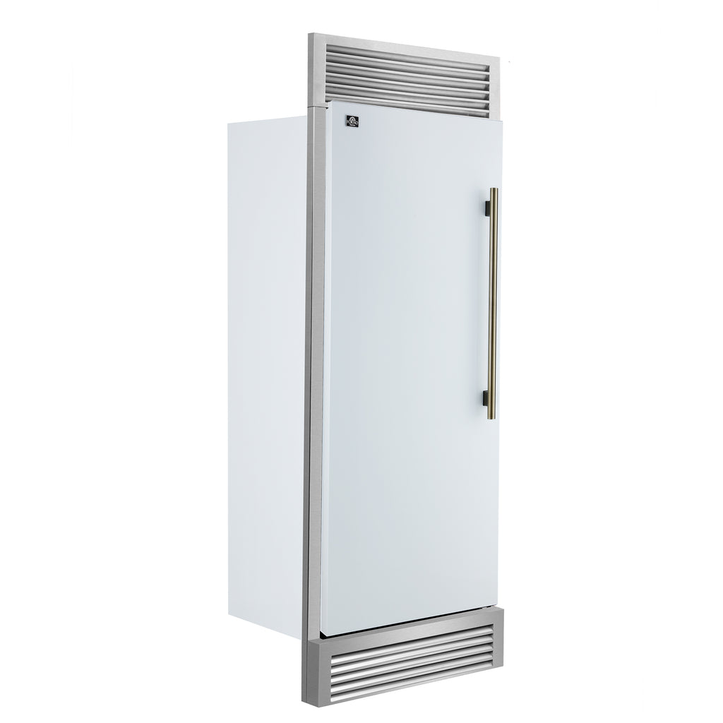 Forno Maderno 28" Built-In Convertible Refrigerator in White with Decorative Trim Grill, Antique Brass Handles