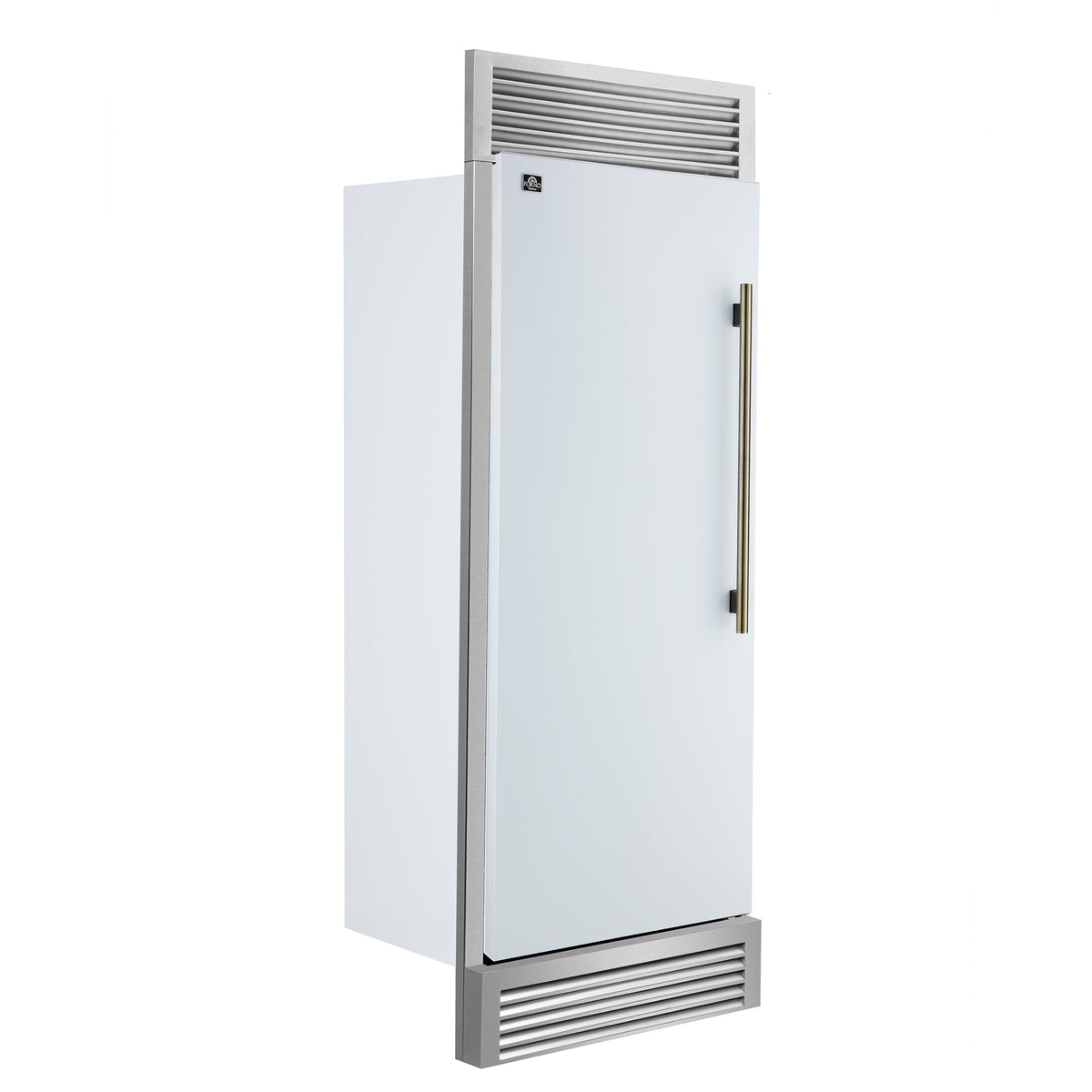 Forno Maderno 28" Built-In Convertible Refrigerator in White with Decorative Trim Grill, Antique Brass Handles