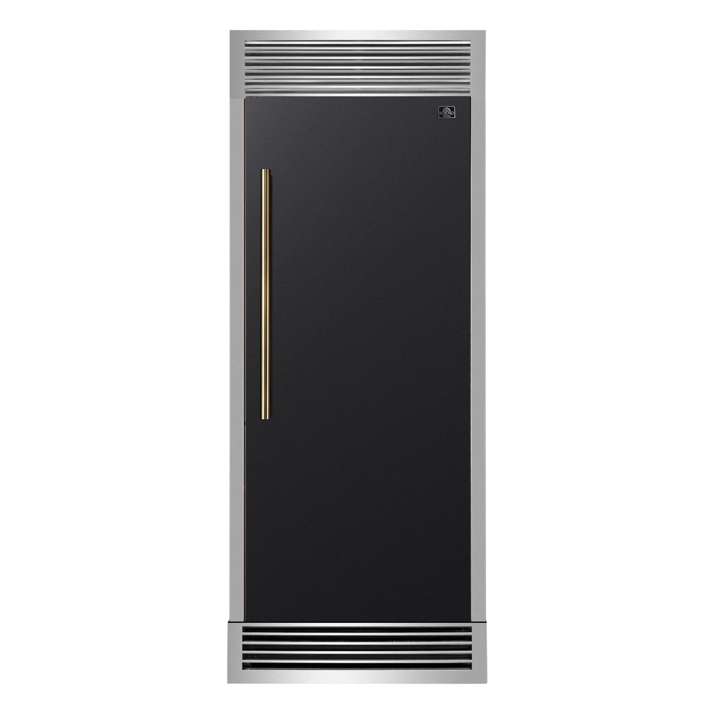 Forno Maderno 28" Built-In Convertible Refrigerator in Black with Decorative Trim Grill, Antique Brass Handles
