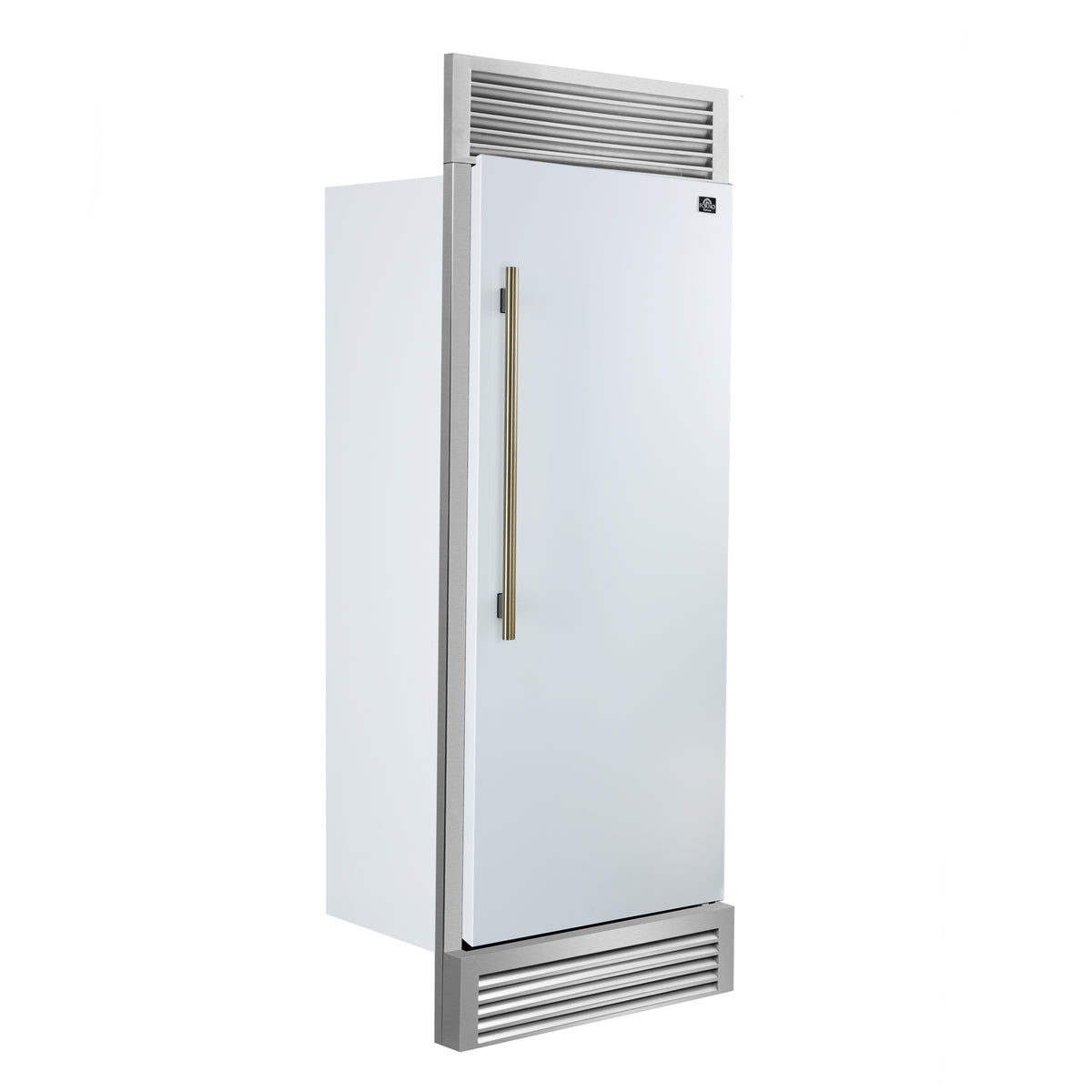 Forno Maderno 28" Built-In Convertible Refrigerator in White with Decorative Trim Grill, Antique Brass Handles