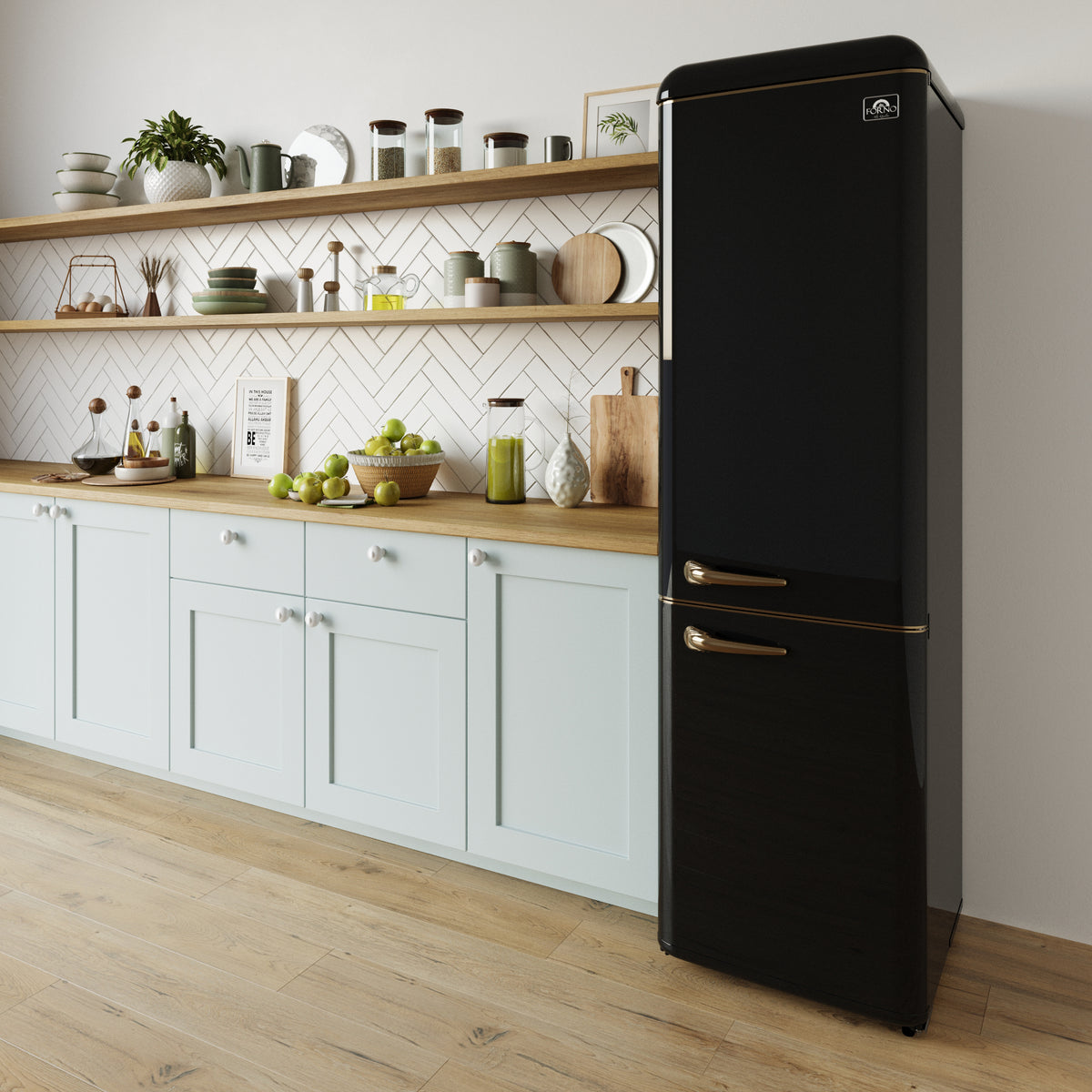 Forno The Storico 22" Retro Bottom-Freezer Fridge in Black offers 9 cu.ft storage, quiet 41 dB(A) operation