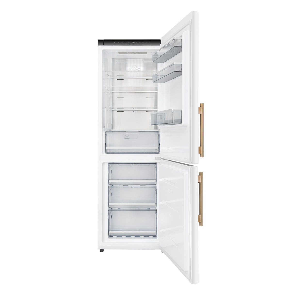 Forno Custodia 24" Bottom Freezer, 10.3 cf., Right Swing, Total No frost, White, Antique Brass handles