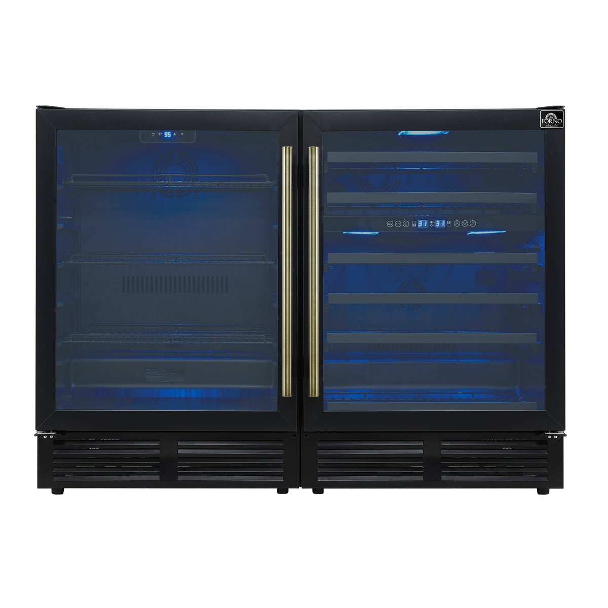 Forno Gemello 48" Side-by-Side Wine and Beverage Cooler in Black with Antique Brass Handles, French Door
