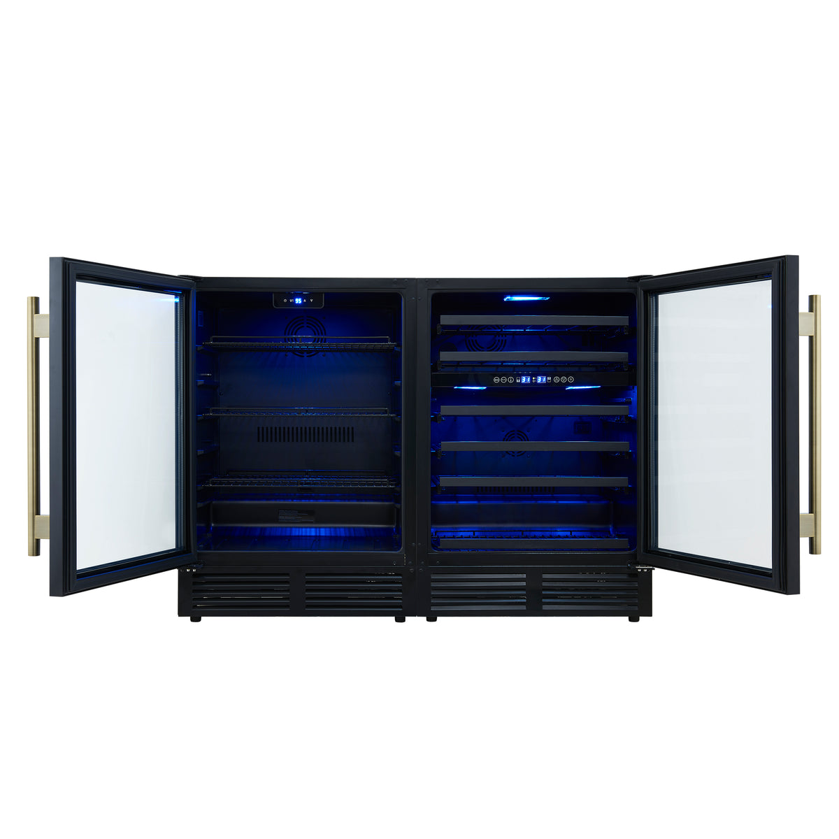 Forno Gemello 48" Side-by-Side Wine and Beverage Cooler in Black with Antique Brass Handles, French Door