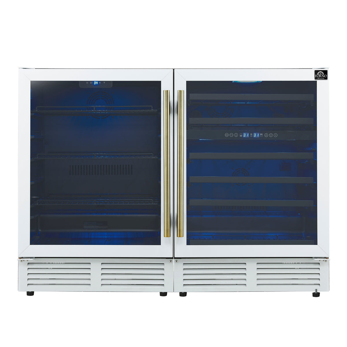 Forno Gemello 48" Side-by-Side Wine and Beverage Cooler in White with Antique Brass Handles, French Door