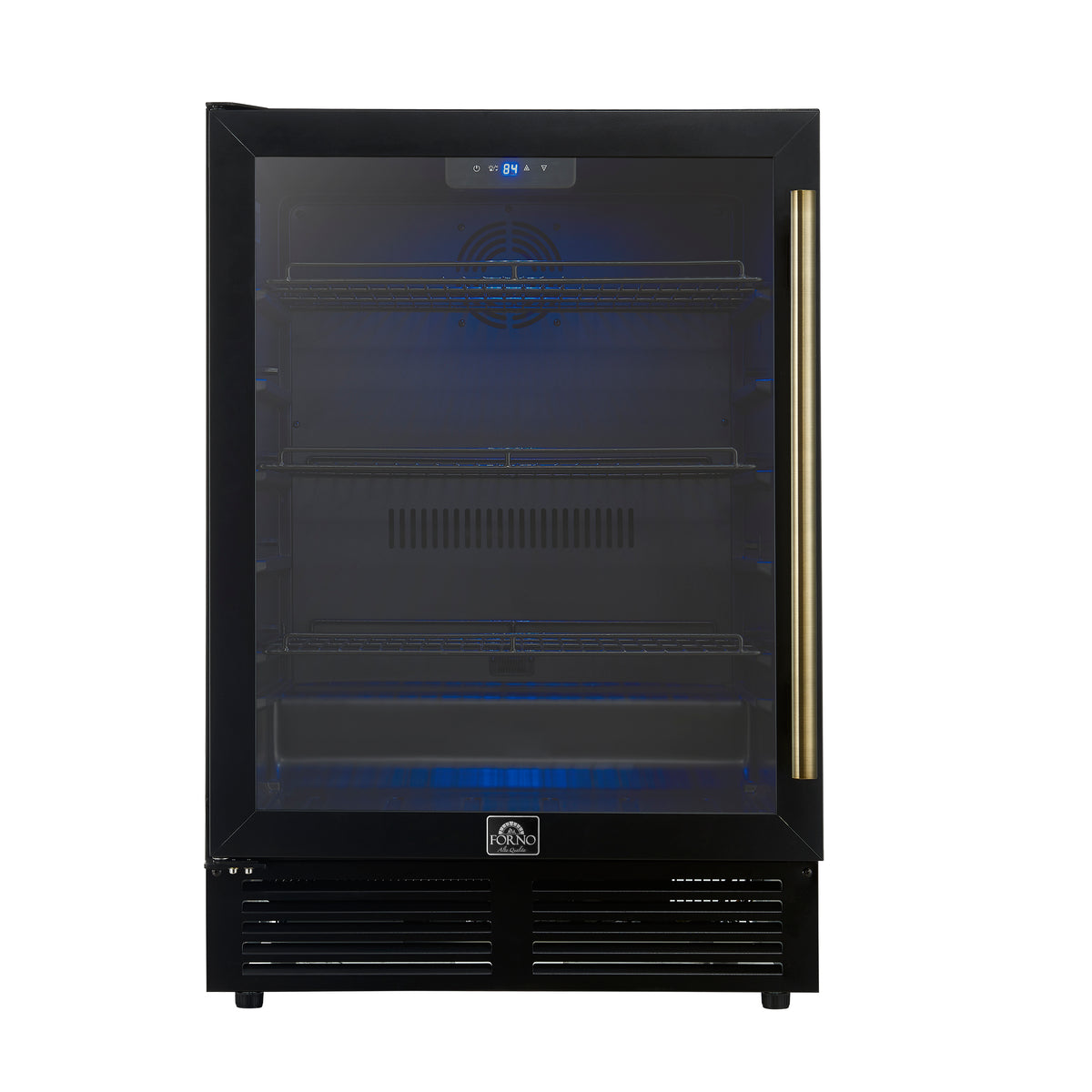 Forno Frescolino 24" Beverage Cooler, Black with Antique Brass Handles, LED Lighting, Triple Glass Door