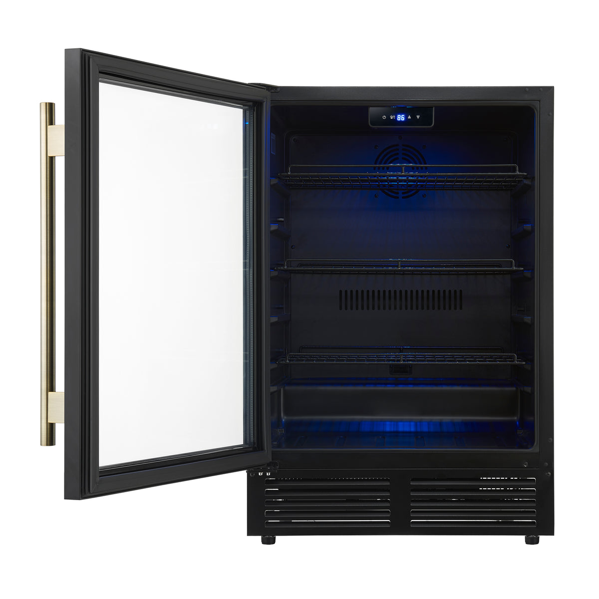 Forno Frescolino 24" Beverage Cooler, Black with Antique Brass Handles, LED Lighting, Triple Glass Door
