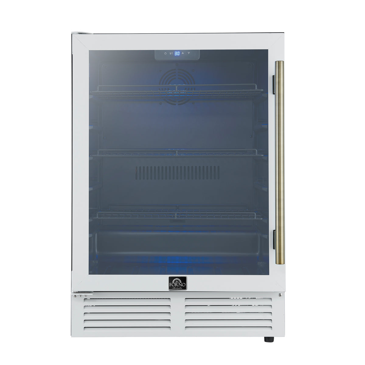 Forno Frescolino 24" Beverage Cooler, White with Antique Brass Handles, LED Lighting, Triple Glass Door