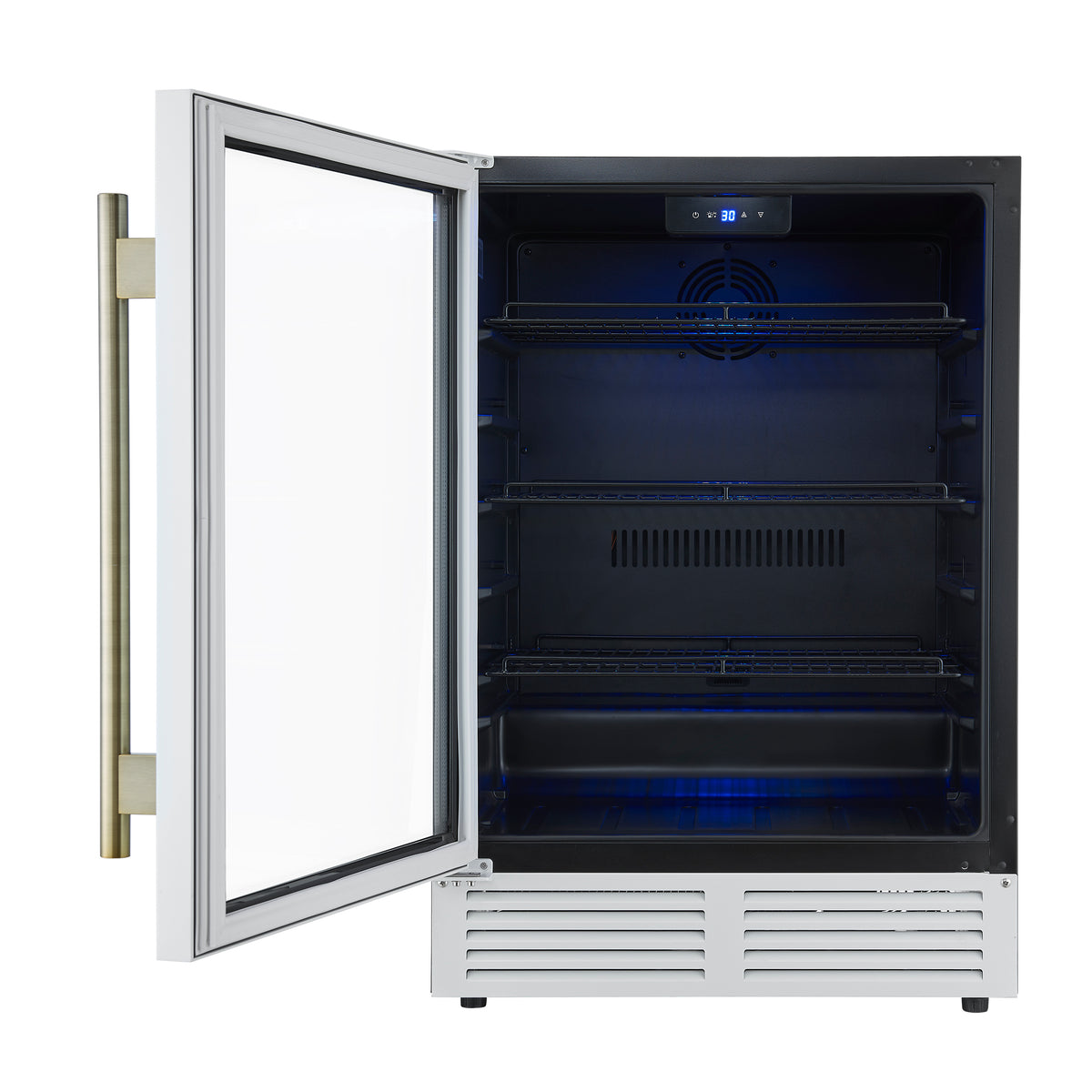Forno Frescolino 24" Beverage Cooler, White with Antique Brass Handles, LED Lighting, Triple Glass Door
