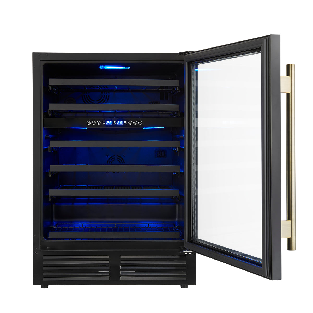 Forno Bacchino 24" Wine Cooler, Black with Antique Brass Handles, LED Lighting, Triple Glass Door, 51 Bottles