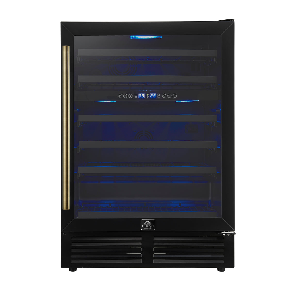 Forno Bacchino 24" Wine Cooler, Black with Antique Brass Handles, LED Lighting, Triple Glass Door, 51 Bottles