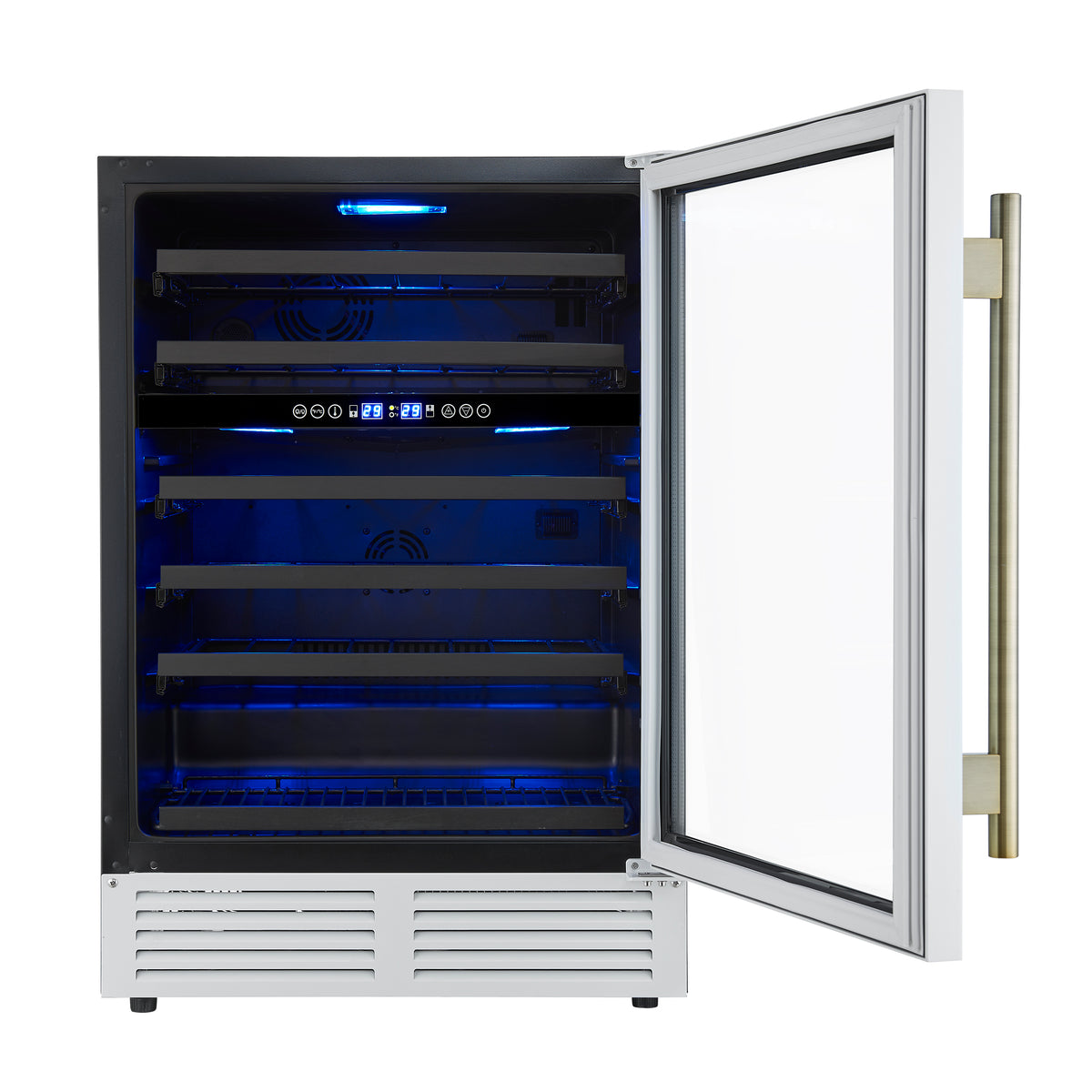 Forno Bacchino 24" Wine Cooler, White with Antique Brass Handles, LED Lighting, Triple Glass Door, 51 Bottles