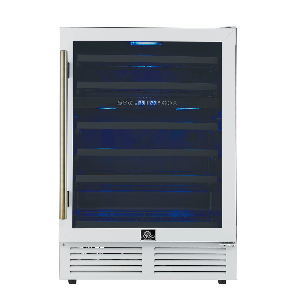 Forno Bacchino 24" Wine Cooler, White with Antique Brass Handles, LED Lighting, Triple Glass Door, 51 Bottles