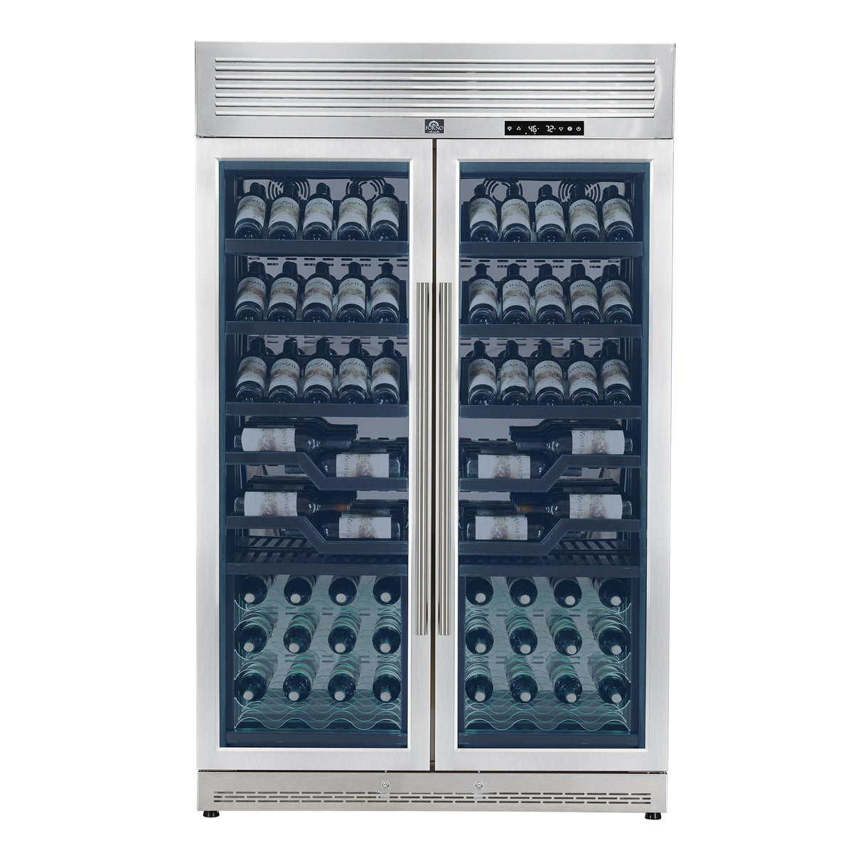Forno Abruzzo 48" Dual Zone Wine Cellar, 102 Bottles, 24 cu. ft., Green Acrylic Holders & Black Shelves